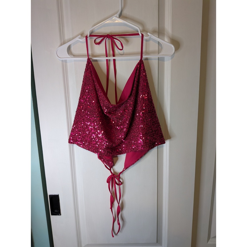 Wild Fable Pink Sequin Halter Top Cowl Neck Open Tie Back Size L
